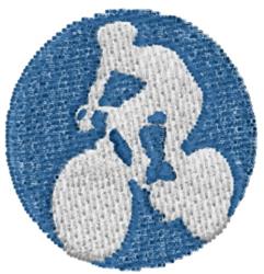 Bicycle rider silhouette in white, bold against a blue circle, minimalist style, ideal for sports bags.