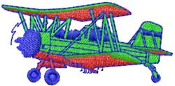 Playful biplane with green wings, blue body, and red details, featuring a colorful cartoon style.