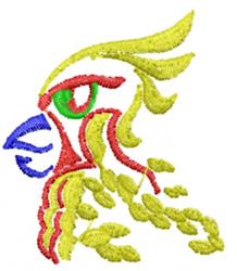 Stylized bird head with bright yellow feathers, red and green accents, and a blue beak; playful design.