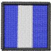 Bold rectangle with blue and white segments, featuring a central white stripe and black border, modern geometric design.