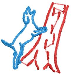 Playful dog applique in vibrant blue interacts with a red tree, embodying a whimsical nature theme.