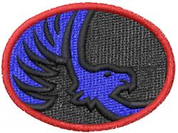 Bold blue eagle patch with black outline and red border on textured black background.