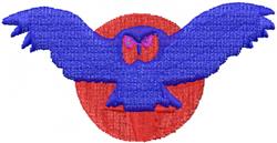Stylized blue owl with spread wings against a red circular background, featuring a lighter purple area around its expressive