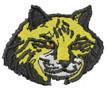 Playful bobcat face in vibrant cartoon style with bold yellow fur and black outlines, perfect for stitching.