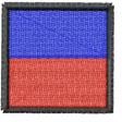 Bold flag design with vibrant blue and red sections, bordered in black, showcasing simple geometric style.