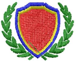 Bold shield design featuring a vibrant red shield with a blue outline and framed by lush green laurel leaves.