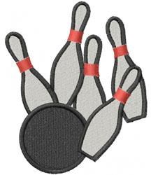 Cartoonish bowling pins with playful red accents and a dark gray bowling ball create a vibrant, fun scene.