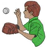 Cartoon boy ready to catch a baseball, wearing a bright green shirt and brown glove, perfect for applique designs.