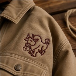 Cartoon bull embroidery on a tan jacket featuring contrast stitching and a rustic vibe.