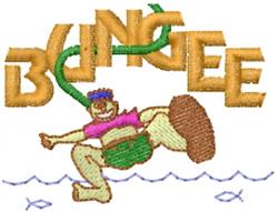 Cartoonish bungee jumper mid-air with a green cord over vibrant blue water. Bold 'BUNGEE' text adds playful charm.