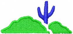 Colorful blue cactus atop cheerful green landforms in a simple, playful design, ideal for machine embroidery.