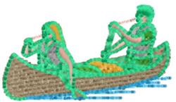 Colorful canoe adventure with two people paddling on vibrant water, showcasing intricate details in a playful design.