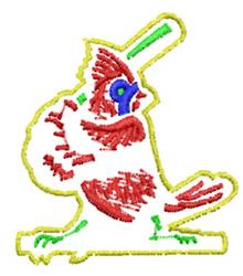 Playful cardinal bird with red feathers holding a baseball bat, featuring bold green and blue accents.