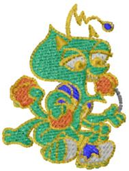 Cartoon insect with a vibrant green body, playful red details, and bold yellow stitching in a cheerful design.