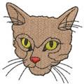 Realistic cat portrait featuring large yellow eyes, brown fur, and delicate whiskers, playful design.