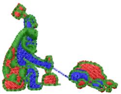 Whimsical cave man in vibrant green, red, and blue hues plays with a colorful turtle. Fun cartoon style.