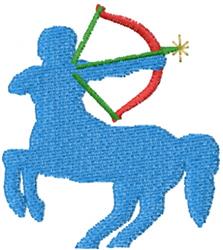 Playful centaur archer silhouette drawing a vibrant red and green bow, perfect for fantasy embroidery.