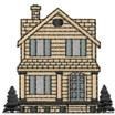 Charming house with wooden siding, multiple windows, and a detailed door, flanked by dark green trees.