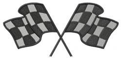 Checkered flags in bold black and gray, crossed at their bases. Simple design features a dynamic checkered pattern.