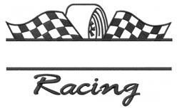 Checkered flags art with a racing stripe and cursive 'Racing' text, bold graphic style.