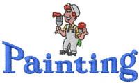 Cartoon painter with bold outlines, holding two paintbrushes, and the word 'Painting' in blue letters.