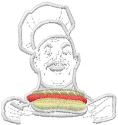 Cartoon chef with a bright chef hat happily holding a hot dog, perfect for playful kitchen towels.