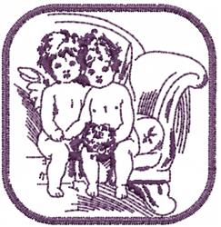 Whimsical cherubs on a vintage sofa, with curly hair and a bouquet, perfect for classic home decor.