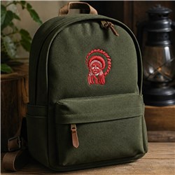 Embroidered chief backpack in olive green with red accents and brown leather details, perfect for casual outings.