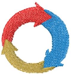 Circular arrow design in red, blue, and yellow, showcasing a simple modern style with textured embroidery for tactile appeal.