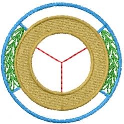 Circular crest with a woven texture center, blue outline, and symmetrical green leaves for a geometric and natural look.