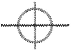 Circular target with a central crosshair, featuring a bold black and gray color scheme in a minimalistic style.