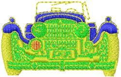 Classic car front view in vibrant colors, featuring bold green and blue, with yellow grille and red headlights.
