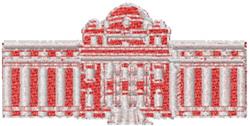 Realistic architectural design of a classical building with tall columns, a dome, and steps in red and white.