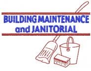 Textual design featuring 'BUILDING MAINTENANCE and JANITORIAL' in bold blue with red underline, accompanied by illustrations