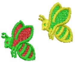 Colorful applique bees, one red with green accents and another yellow, playfully designed on a white background.