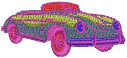 Colorful car with playful pink body and bright red and green accents, showcasing vibrant cartoon design.
