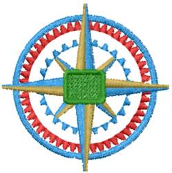 Colorful compass design with a central green square, vibrant blue, red, and gold geometric shapes.