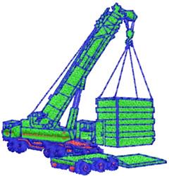 Bold construction crane in vibrant green and blue, lifting cargo, with graphic mechanical details.