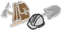 Colorful applique design featuring a warm brown backpack, shovel, and black-outlined hard hat, embodying a playful work theme