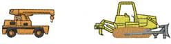 Cartoonish construction vehicle set featuring a bright yellow crane truck and bulldozer, designed for kids.