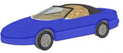 Colorful convertible car with a vibrant blue body, black roof, and detailed wheels in a playful design.