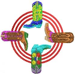 Colorful cowboy boots in a playful design, arranged in a circle with vibrant red accents, perfect for western themes.