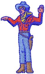 Playful cowboy character in applique style, featuring a blue hat, red jacket, and yellow scarf.