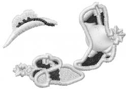 Cowboy hat, boot, and lasso in playful black and white style, showcasing cultural cowboy themes.