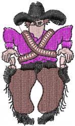 Whimsical cowboy in a purple shirt and black hat, sporting brown chaps with fringes, perfect for playful designs.