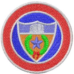 Crest emblem badge featuring a bold shield with a purple star, green laurel wreath, and vibrant red border.