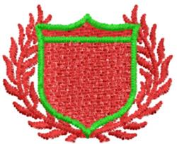 Crest featuring a bold red shield with a green outline, elegantly surrounded by laurel leaves in traditional emblematic style