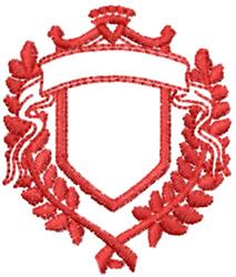 Crest design featuring a shield surrounded by laurel wreaths in bold red, with a customizable banner on top.