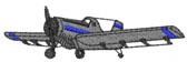 Playful crop duster airplane in gray and blue, highlighting distinct wings and propeller, in a whimsical style.