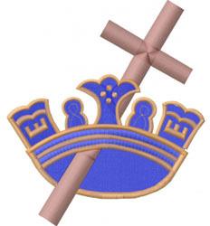 Cartoonish crown with cross, blue and gold detailed, featuring a light brown cross, ideal for festive religious ceremonies.